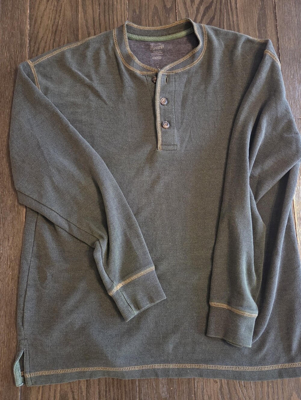 Olive Henley Long Sleeve with Tan Contrast Stitching